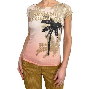 Armani Exchange Women's Tee with Palm Graphic - Pink and Gold